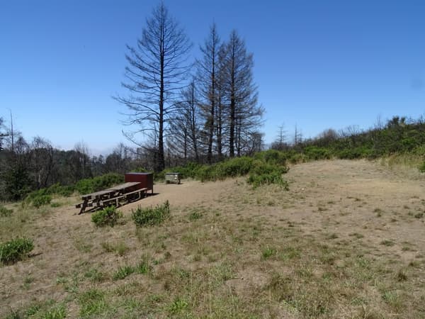 A campsite containing two picnic tables and two food storage lockers overlooking the ocean. - NPS Photo