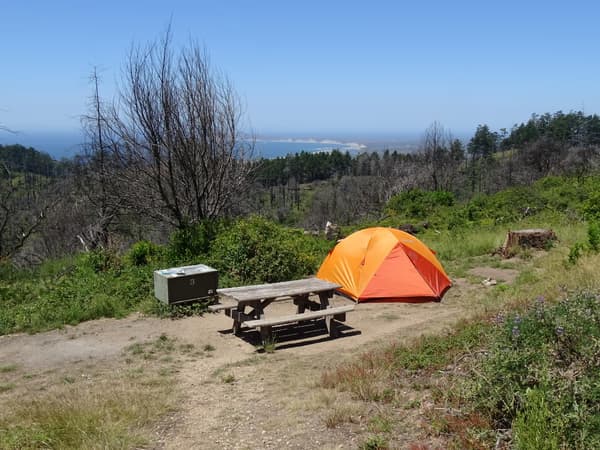 A campsite containing a small orange tent, a picnic table, and a food storage locker. - NPS Photo