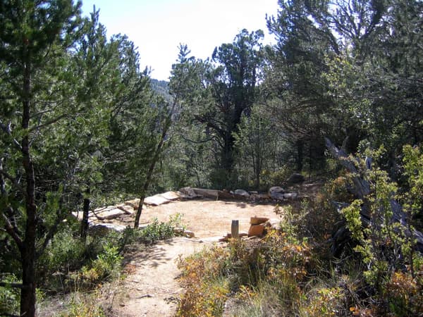 A hardened surface for a tent is outlined by rocks in a forest - NPS/Bieri