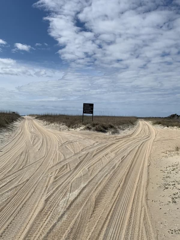 a sand trail on the island shows the tracks of vehicle use - NPS Photo/Jan Tugwell