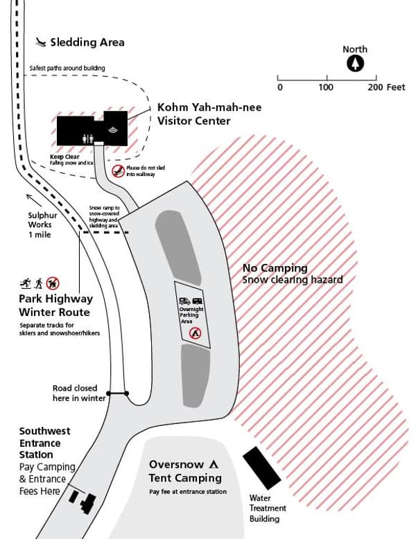 A map of a parking area, campground, and visitor center indicating closures and routes for snow. - NPS Photo