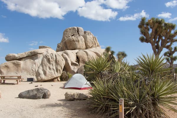 A tent and picnic table are surrounded by a large rock outcrop and vegetation. - NPS/Brad Sutton.