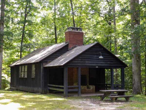 A dark brown wooden building with a brick chimney stands among woods - NPS Photo