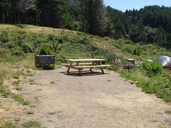 A campsite containing a new wooden picnic table and a food storage locker. - NPS Photo
