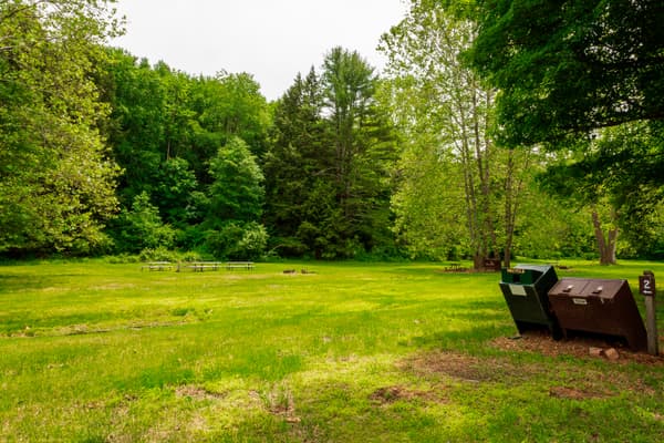 One of the group campsites showing fire pit to the front and and bear proof  trash cans to the right - NPS Photo / Michael Cuff