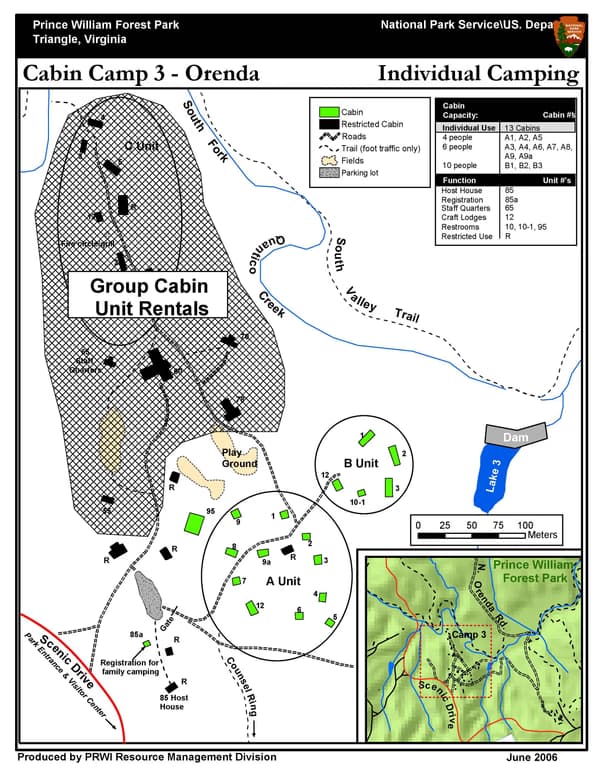 Individual cabins are clustered in two units in the south side of camp. A playground is nearby. - NPS Photo