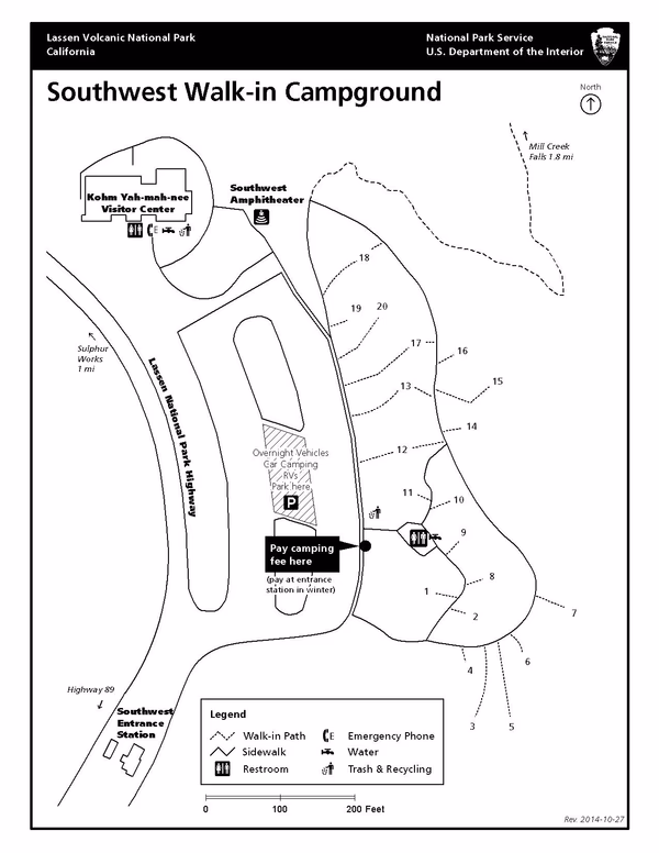 A map of the campground indicating sites of a walkway to the right of a large parking area. - NPS Map