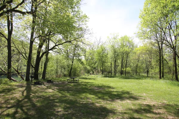 A sunny, grassy campsite along a river. - NPS Photo / Wil Marischen