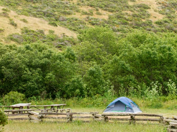 The lush green environs of Haypress with a slat-rail fence and blue tent in the foreground. - NPS Photo