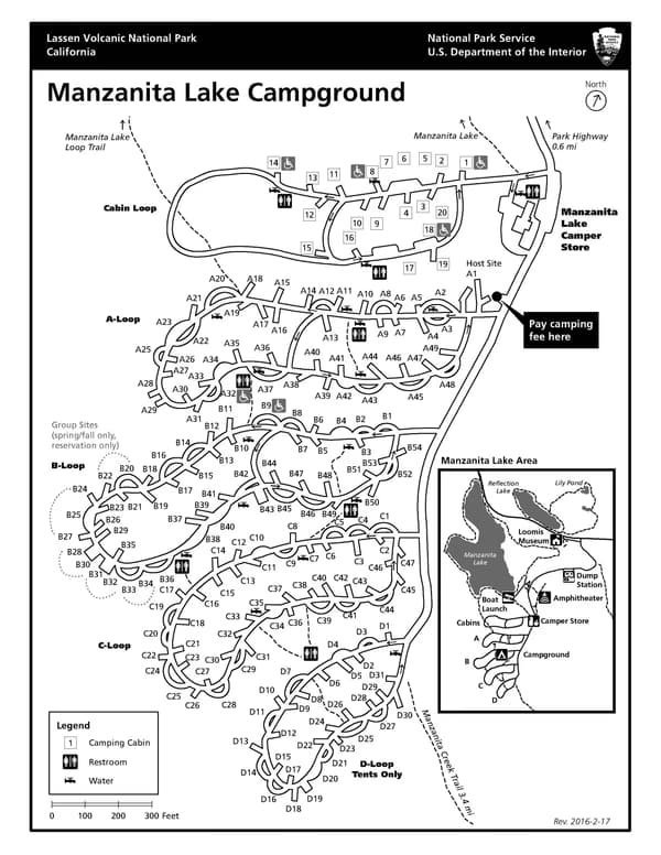 A map of a campground showing five loops connected by a road to the right. - NPS Map